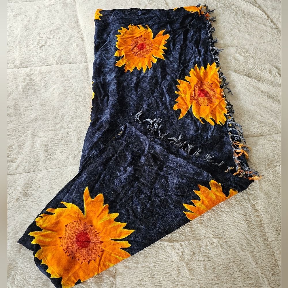 KOKO KNOT Beachy Swim Suit Cover-Up Blue with Orange/Yellow Flowers Print Sarong